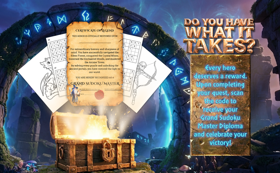 Sudoku Quest bonus pages and challenge banner with fantasy treasure chest and activity pages.