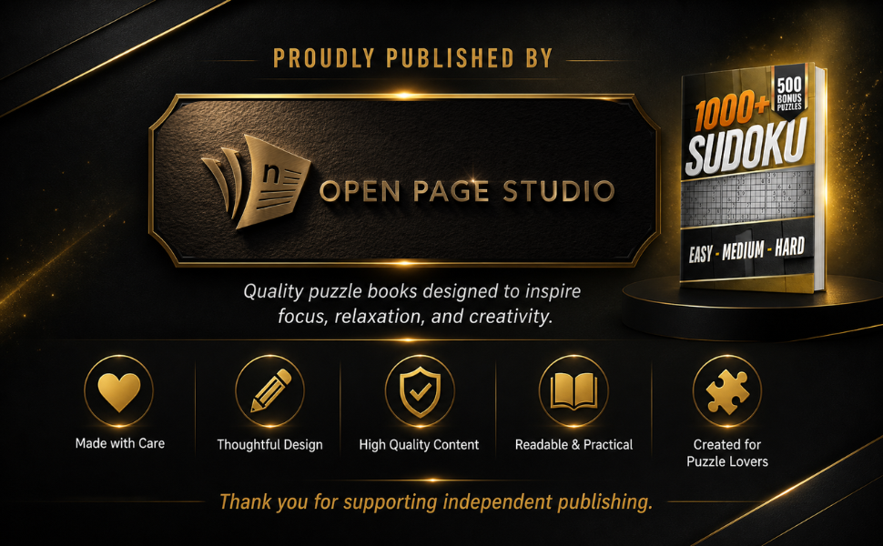 Open Page Studio banner for the 1000 Sudoku Easy Medium Hard puzzle book with quality design and complete solutions.
