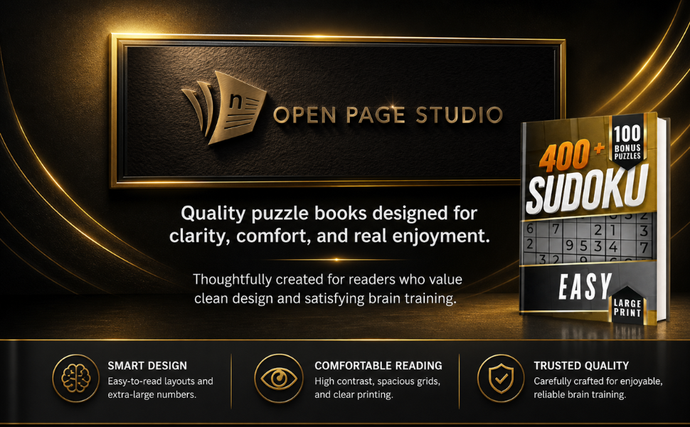 Open Page Studio Sudoku Easy book banner highlighting clear layout, quality design, and mindful puzzle solving.