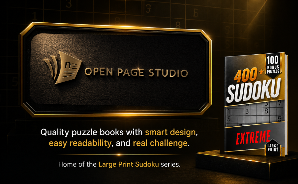 Open Page Studio Sudoku Large Print Extreme banner highlighting smart design, easy readability, and challenging puzzle solving.