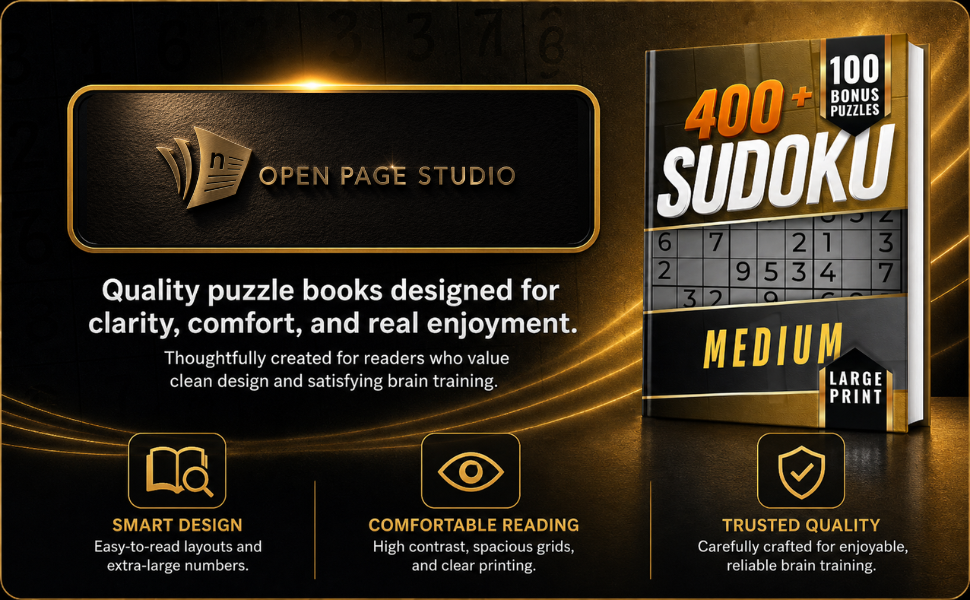 Open Page Studio Medium Sudoku book banner highlighting clear layout, quality design, and mindful puzzle solving.