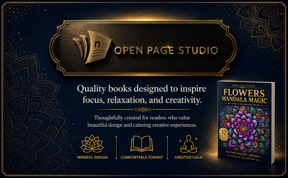 Open Page Studio banner for Flowers Mandala Magic, highlighting coloring books designed for focus, relaxation, and creativity.