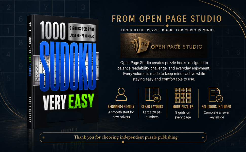 Open Page Studio banner for the 1000 Sudoku Very Easy book, highlighting clear design, large numbers, compact layout, and complete solutions.