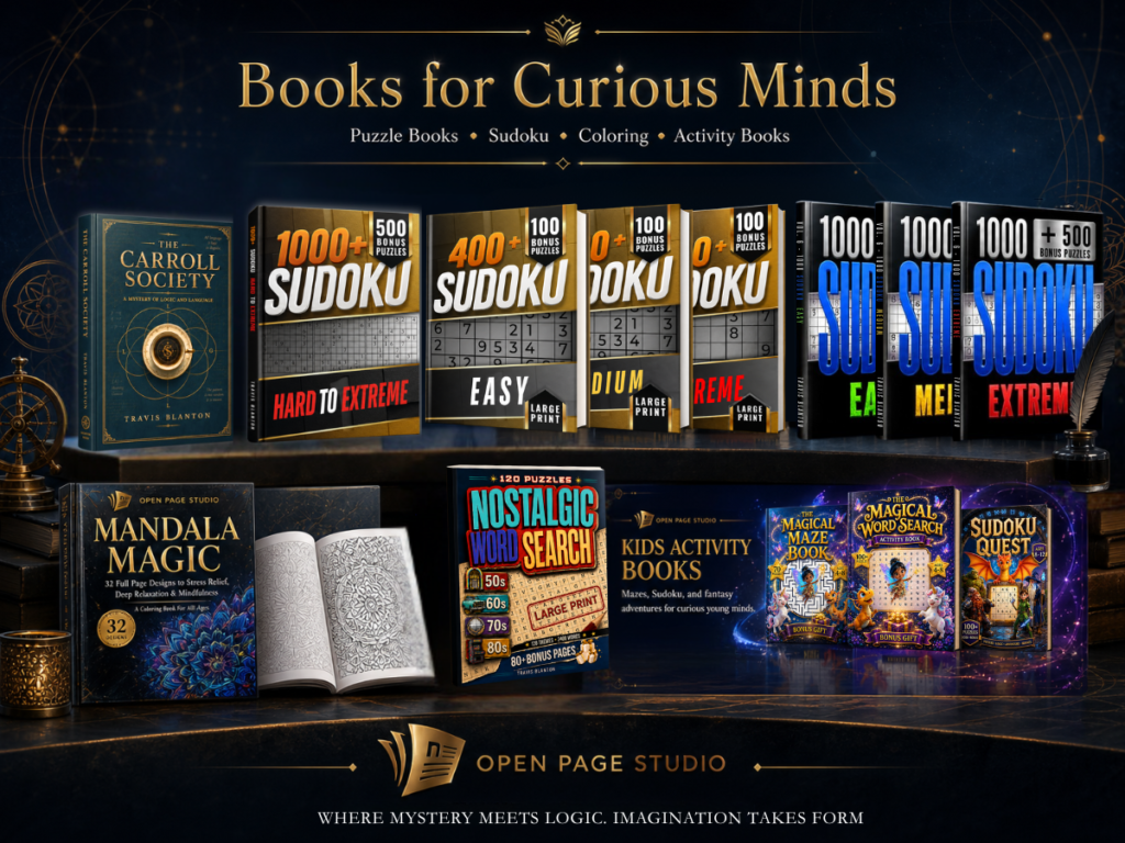 Open Page Studio homepage banner featuring Sudoku books, puzzle books, coloring books, kids activity books, and original fiction for curious minds.