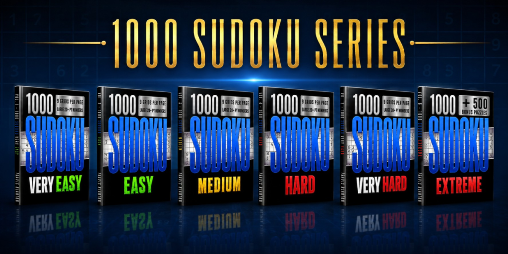 1000 Sudoku Series puzzle books by Open Page Studio, including Very Easy, Easy, Medium, Hard, Very Hard, and Extreme Sudoku volumes.