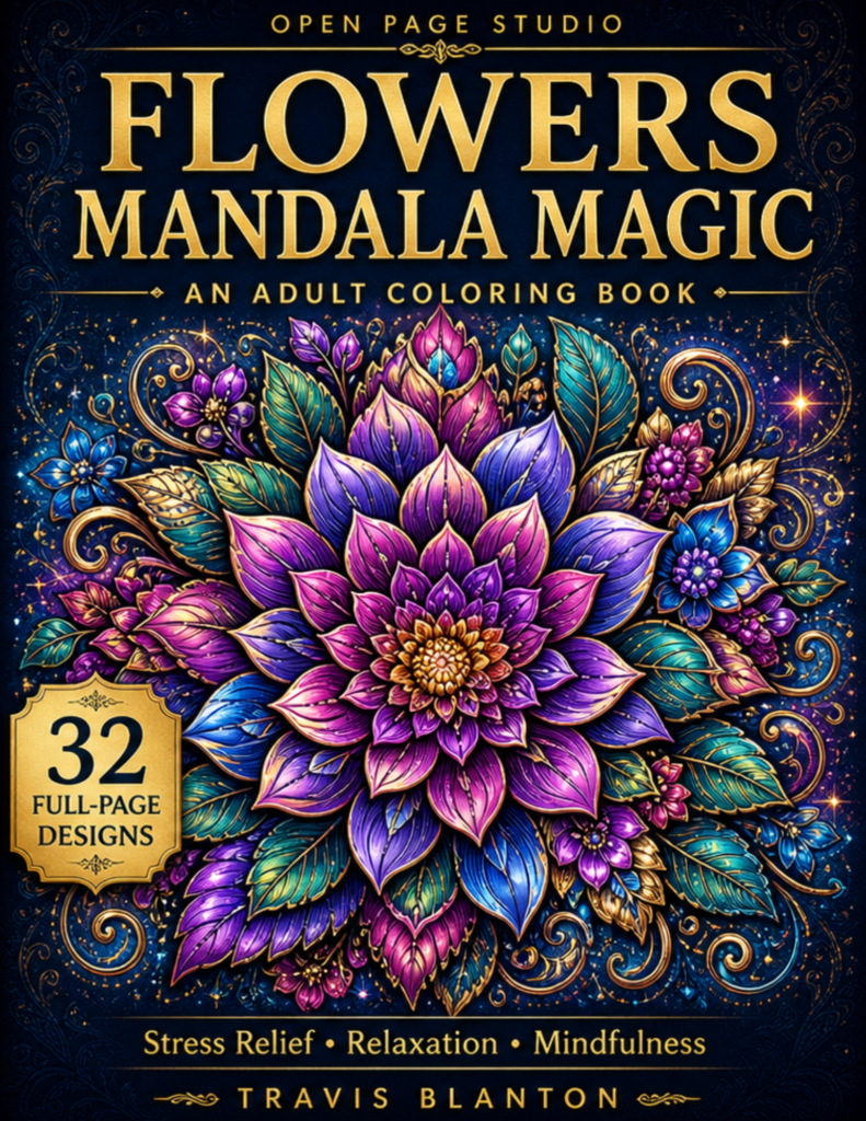Flowers Mandala Magic adult coloring book by Open Page Studio.