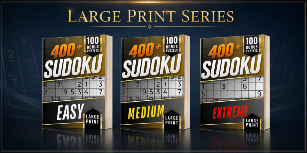 Large print Sudoku puzzle books for adults and seniors.